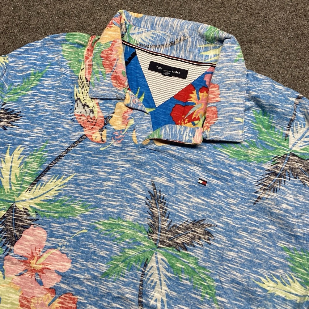 Tommy Hilfiger Polo Shirt Mens Size XL Blue Floral Tropical Casual Short Sleeve